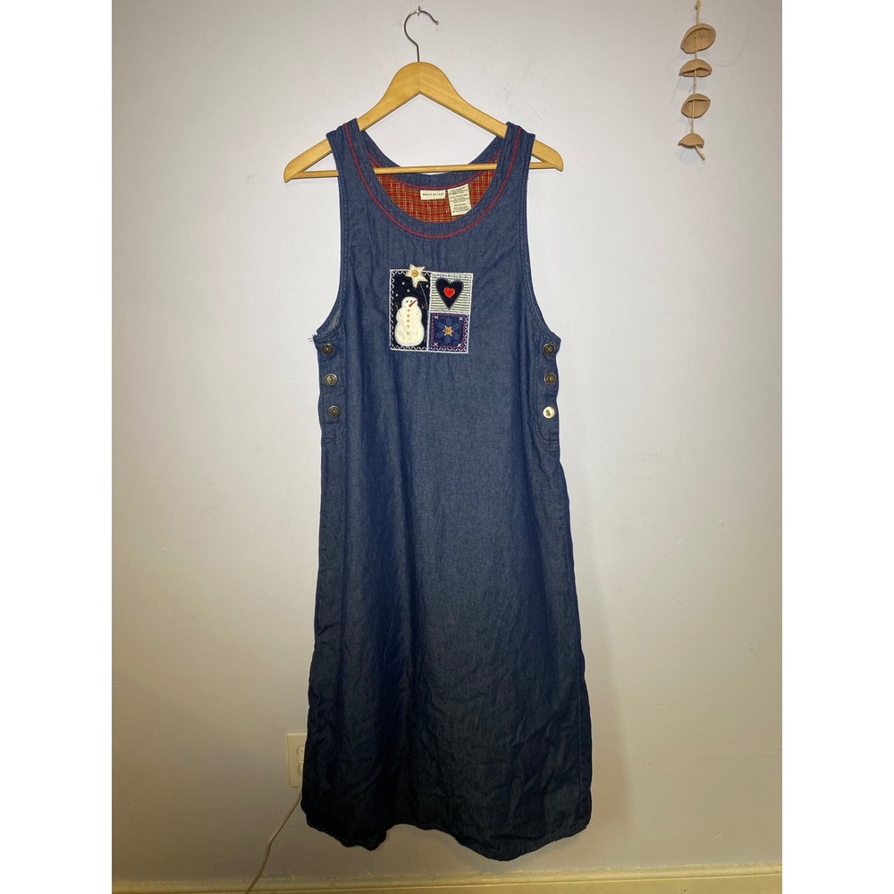 Blue White Stag Denim Jumper Snowman Embroidery Plaid Trim Medium Women